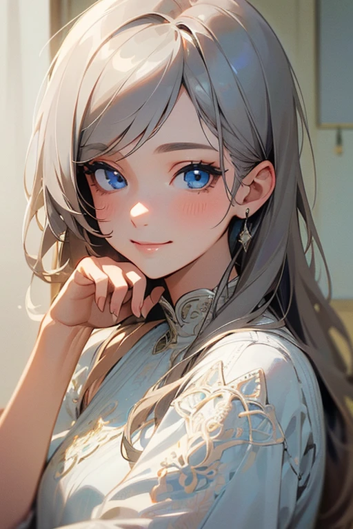(masterpiece: 1.2, highest quality), (Actual Photos, Intricate details), 1. woman, alone, Upper Body, casual, Shoulder-length hair, Minimal makeup, Natural materials, Face close-up, smile, Home, Gray Hair, blue eyes, Shoulder Bare、