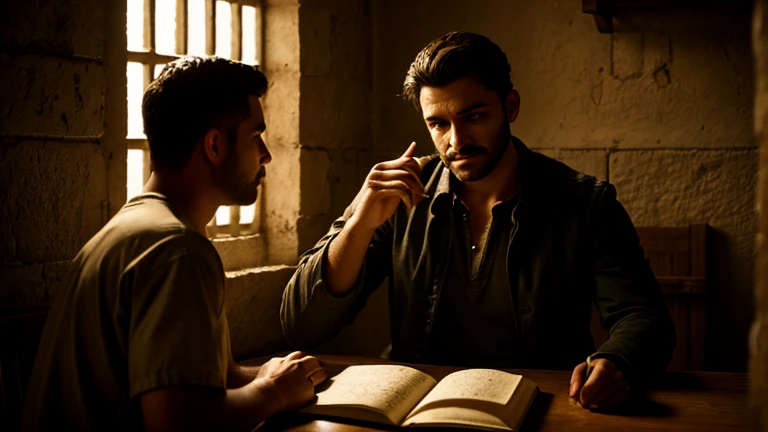 In a prison cell, Joseph, with a penetrating gaze, listens attentively to the dreams of the cupbearer and the baker. The dim light of the cell creates dramatic shadows as José, with a gesture of wisdom, interprets the symbols that appear in the dreams. The scene captures the intelligence and gift of God that allowed Joseph to interpret dreams and predict the future.