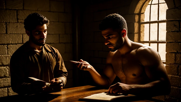 In a prison cell, Joseph, with a penetrating gaze, listens attentively to the dreams of the cupbearer and the baker. The dim light of the cell creates dramatic shadows as José, with a gesture of wisdom, interprets the symbols that appear in the dreams. The scene captures the intelligence and gift of God that allowed Joseph to interpret dreams and predict the future.