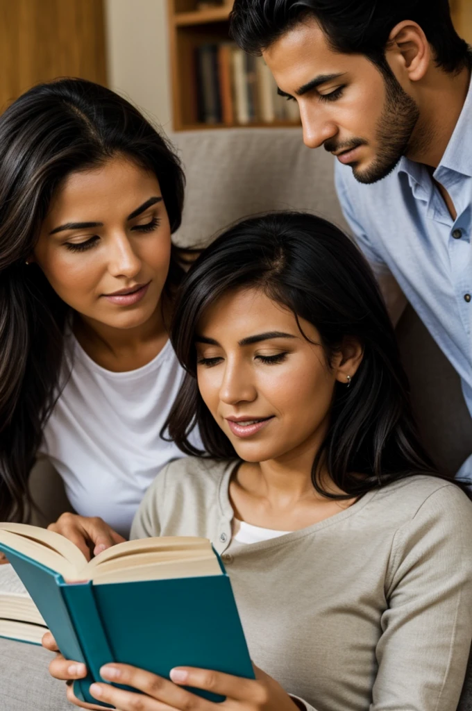 Mujer leyendo un libro mientras amamanta a su novia, tambien mujer adulta