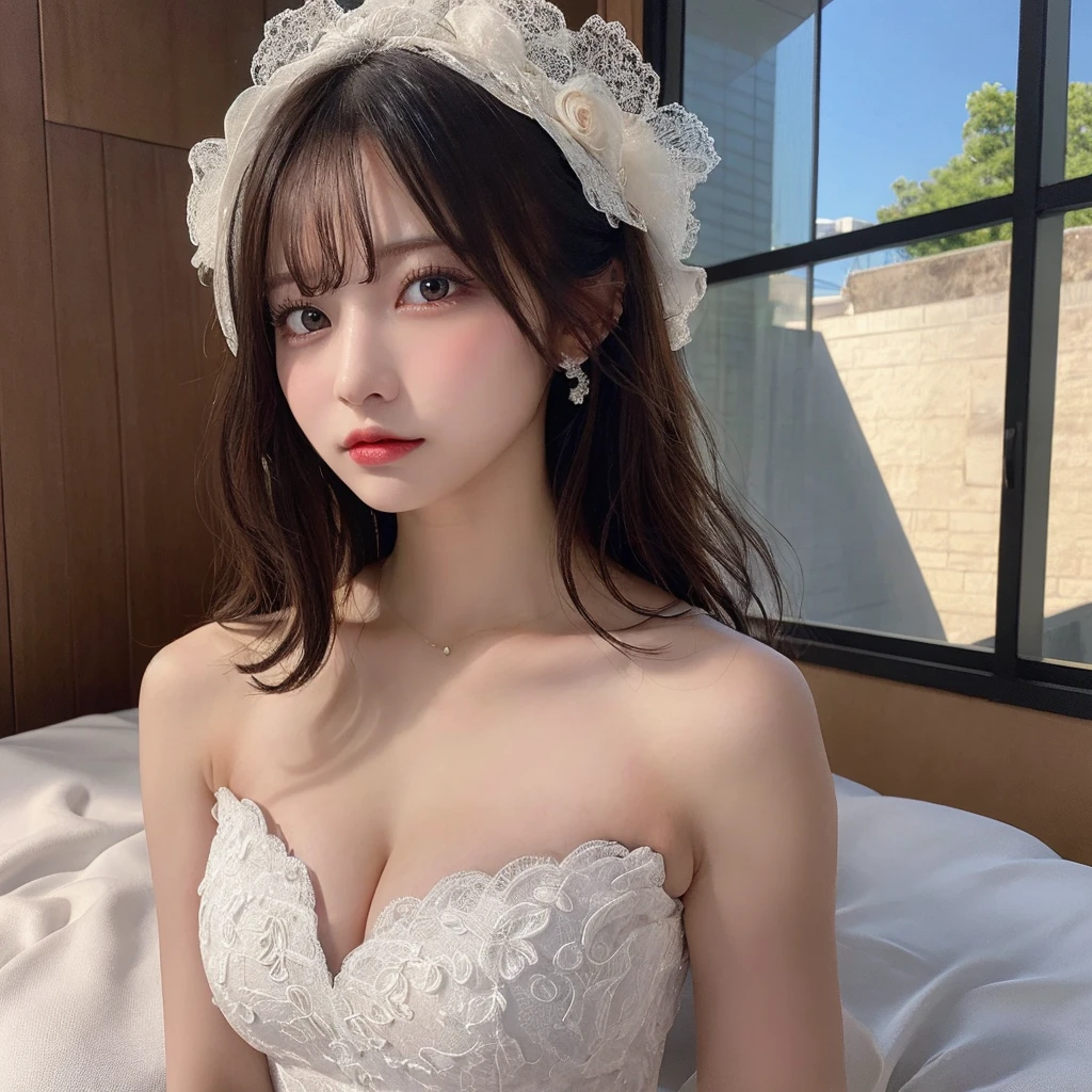 masutepiece, Best Quality, Illustration, Ultra-detailed, finely detail, hight resolution, 8K Wallpaper, Perfect dynamic composition, Beautiful detailed eyes,Full body,Natural Lip, Big breasts, Random sexy poses,cleavage,Wedding dress,1 person