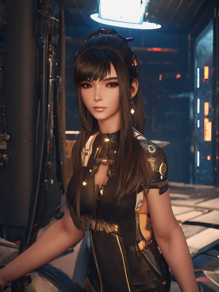 masterpiece, girl, eve , stellar blade, fringe hair, brown eyes, , woman sitting in the bed in the room cyberpunk, portrait face, cyberpunk room, high skin pore, unreal engine skin:1.5, humed skin