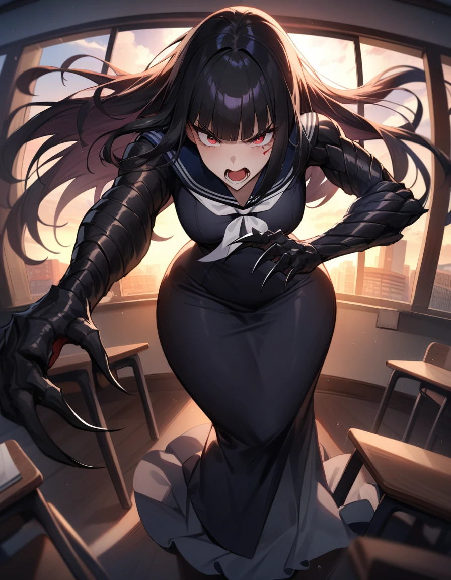 (masterpiece,best quality,very aesthetic),(ultra-detailed),nsfw,(atlach-nacha,degenerate),1girl,20yo,Statuesque,curvy,tall,long hair, black hair,straight hair,(blunt bangs),beautiful red eyes,glaring,screaming,furious,rage,Abdominal injury,vomiting blood,look down on with disdain,black serafuku in winter,long sleeves,(long skirt),white ribbon tie,torn clothes,painful,incoming attack,assaulting,high speed,classroom,dusk sky,leather shoes,The setting sun is shining in the classroom,(black Claws with arms fused like spider arm:1.3),solo,looking at viewer,POV