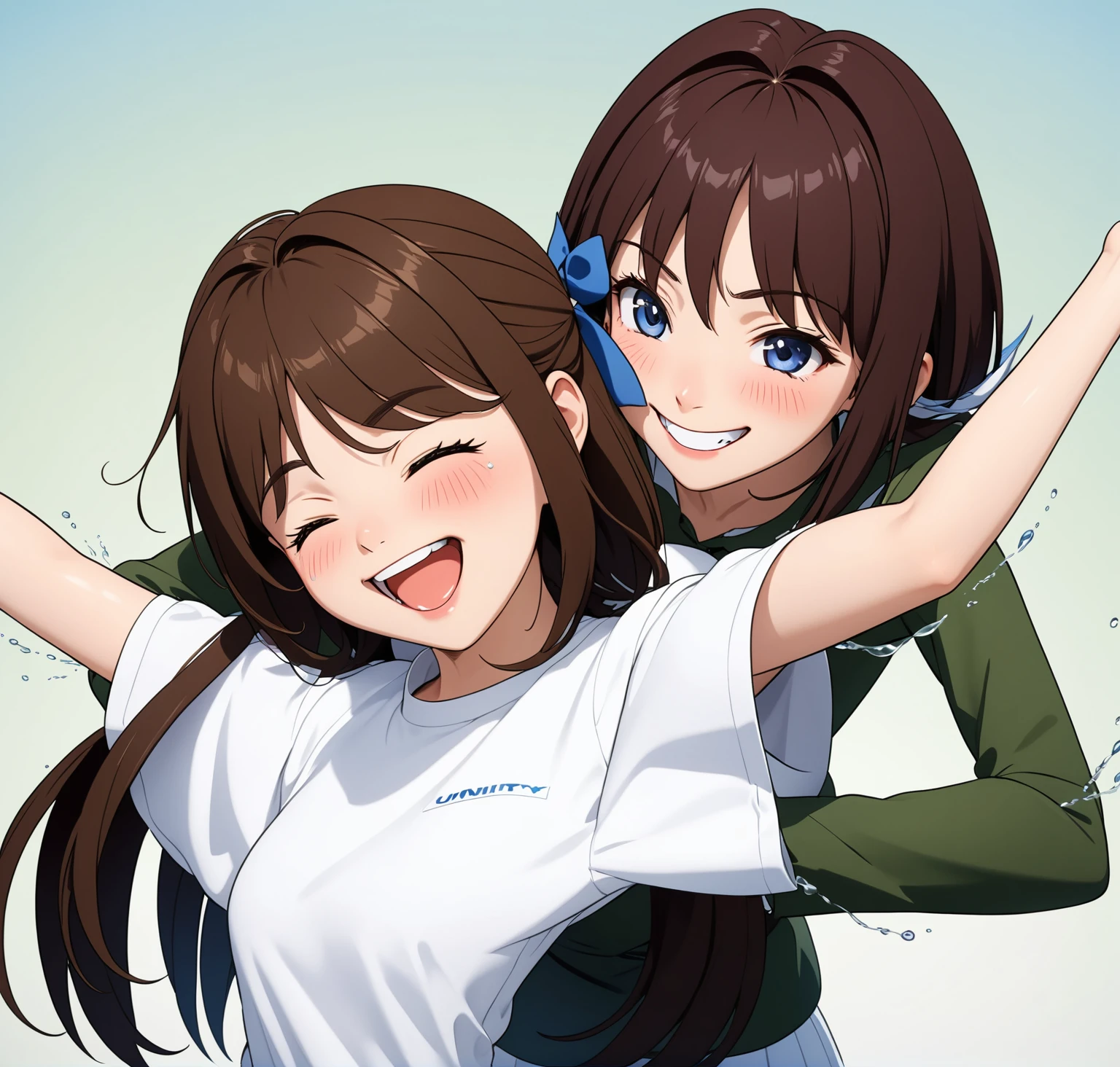 two extremely delicate and beautiful girls,Girl in white shirt raising her arms,The other girl put her hand into the sleeve of the girl in the white shirt with a sly smile,(laughing:1.4),(big mouth:1.1),open mouth,happy,(frown:1.3),crazy smile,(pain face:1.2),blush,tears,sweat,(tickling armpits),((trembling)),(((masterpiece))), (((best quality))), (official art), ((extremely detailed CG unity 8k wallpaper)), (Best character details), ((ultra-detailed)), (illustration), (dynamic angle),