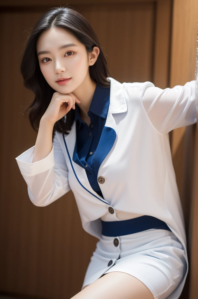 (masterpiece, best quality), 1girl, A beautiful young Korean woman, wearing (open white lab coat, button-down white blouse, dark blue skirt, stockings), fingersmile, (cowboy shot), extremely detailed face and eyes, detailed facial features, intricate details, realistic, photorealistic, photo-realistic:1.37, best quality, 8k, masterpiece:1.2, ultra-detailed, vivid colors, studio lighting, physically-based rendering, ((perfect face))