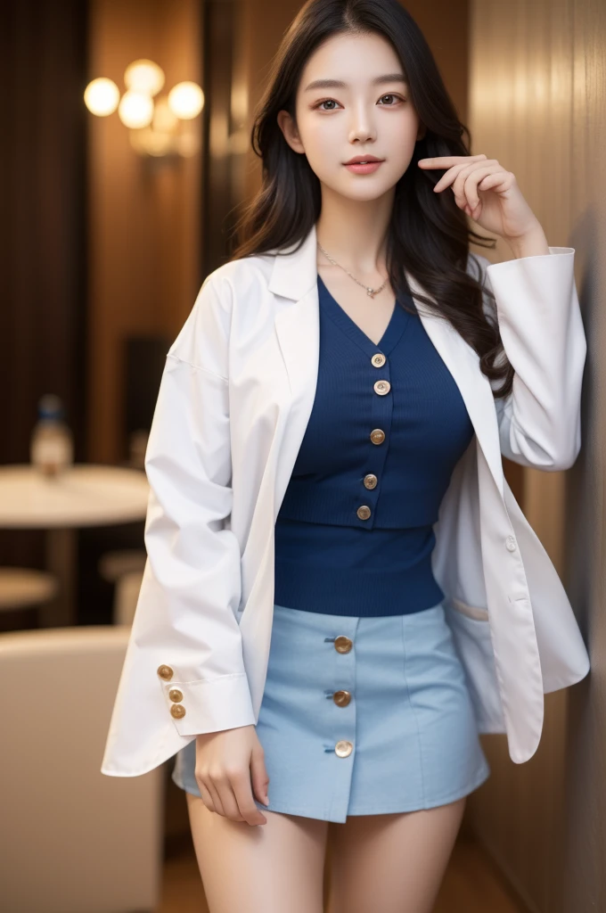 (masterpiece, best quality), 1girl, A beautiful young Korean woman, wearing (open white lab coat, button-down white blouse, dark blue skirt, stockings), fingersmile, (cowboy shot), extremely detailed face and eyes, detailed facial features, intricate details, realistic, photorealistic, photo-realistic:1.37, best quality, 8k, masterpiece:1.2, ultra-detailed, vivid colors, studio lighting, physically-based rendering, ((perfect face))