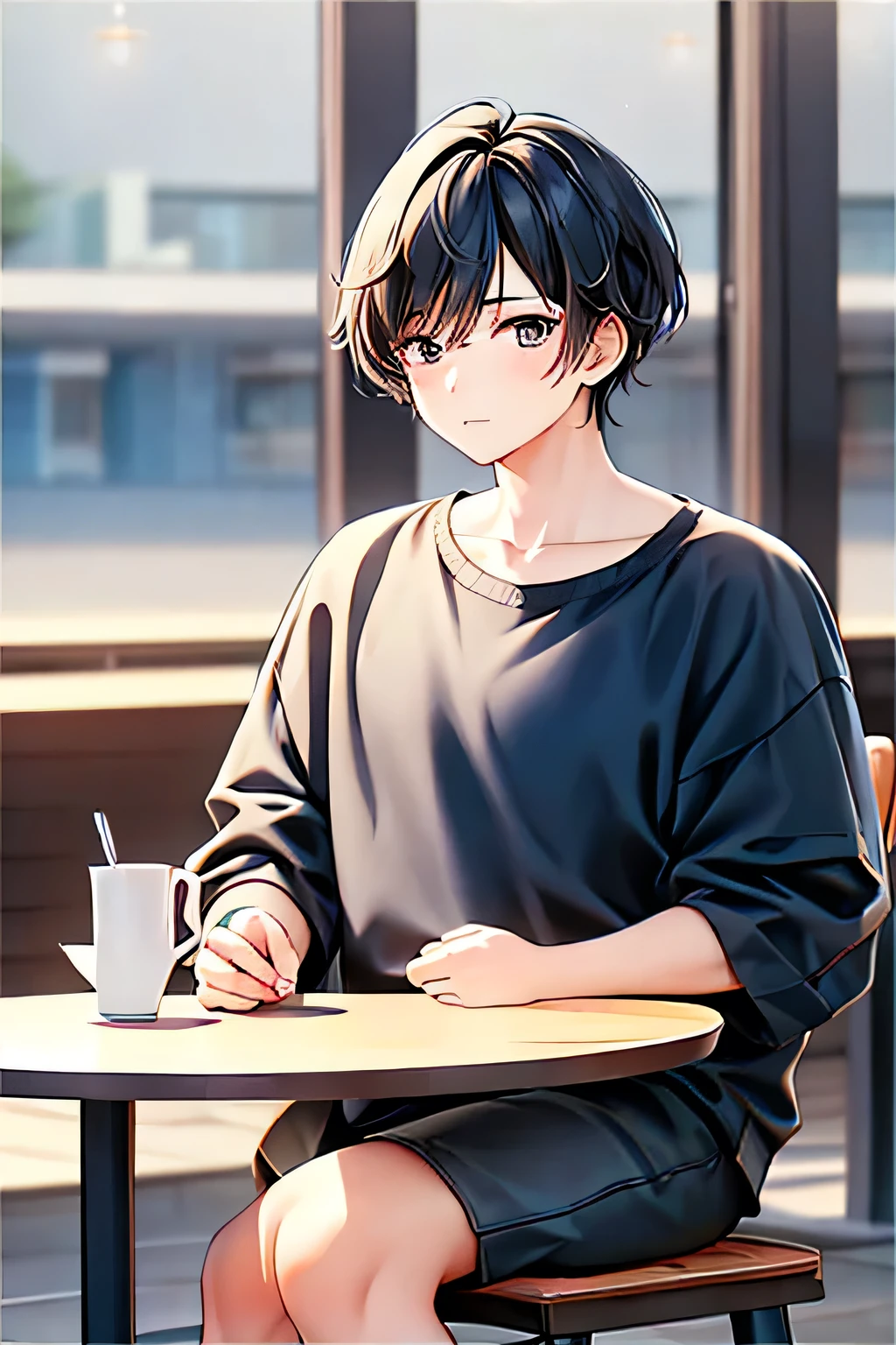 high quality、Realistic facial features sitting in a fashionable cafe in the sunlight、Black hair, center parted、short hair、Looks just like the idol Cha Eun-woo、elongated head shape,,、Beautiful face、slightly flabby eyes and parallel eyebrows,、Kind Face、Classy atmosphere、Widely accepted、Fashionable clothes t-shirt and black jacket、Man in black pants、Korean Style Boy、Japanese