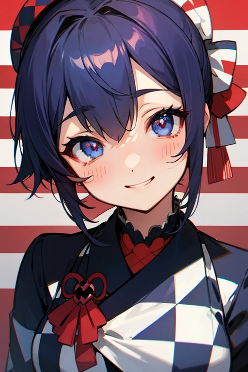 MS. cute、Taisho、Checkerboard Pattern、Beautiful Eyes、Embarrassing、Navy Blue and Red、A special smile、