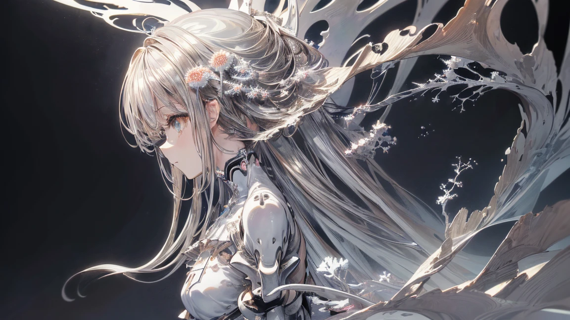 ((masterpiece)), (anime:1.3), ((highest quality)), (Abstract art:1.5), (High resolution), (pale colour), Wide Shot, (Fractal structure:1.5), (Simple Silver Background:1.6), landscape, (beautiful), (Biological atmosphere), deep sea, (pretty girl), (Hollow Eyes), (profile), beautiful白い髪, (cry), ((Eyes fall)),