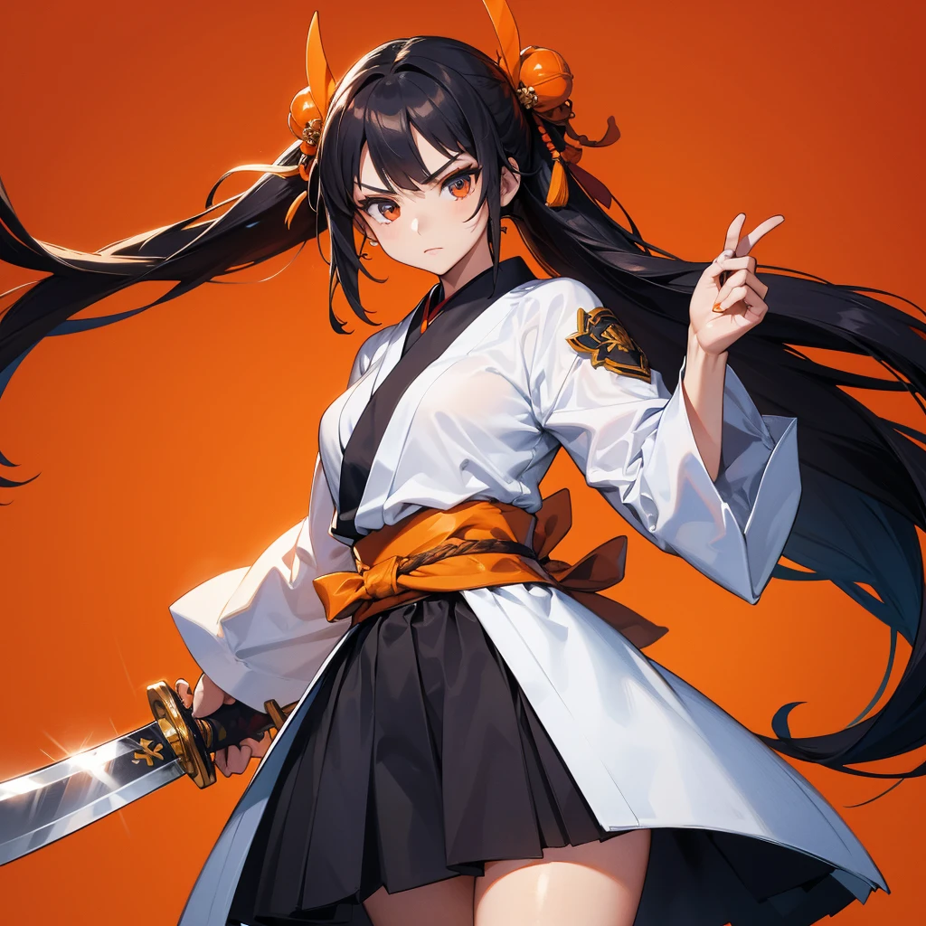 Dynamic composition、((Perspective Lens, Woman with long hair,  Dynamic poses with serious and mean expressions, Two hands brandishing a large, long Japanese sword )) ((Pure Orange Background:1.2)),Anime Style、Detailed eyes、Looks like she&#39;s in her early 20s,Shooting in mid-motion,With her long braided hair fluttering. Her outfit is reminiscent of a butterfly,Black and yellow color palette,Be playful.,Neon color line fractal art、