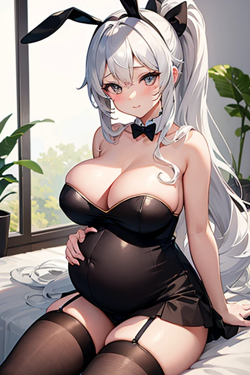 Sexy pregnant catgirl, cleavage, bunny ears, curly white ponytail, tight strapless black dress, pregnant, stockings