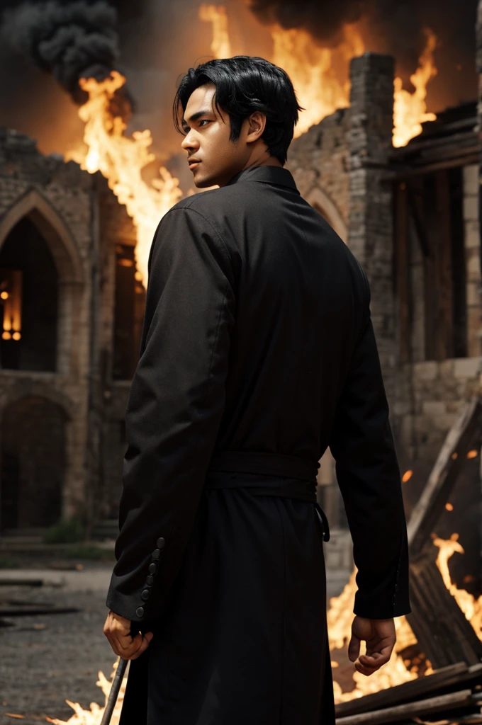 black hair anime man looking back at camera while background is a burning fallen medieval kingdom