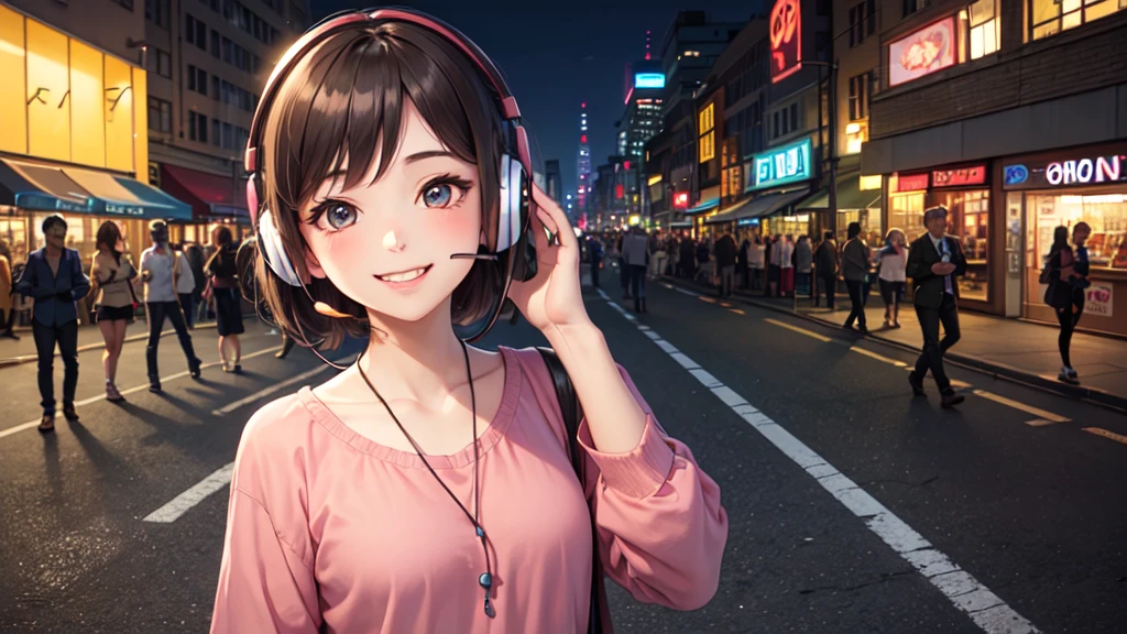 Relaxed girl listening to music with headset, smile, Detailed teeth, はにかんだsmile, Nostalgic vintage style animation, 80s city night view