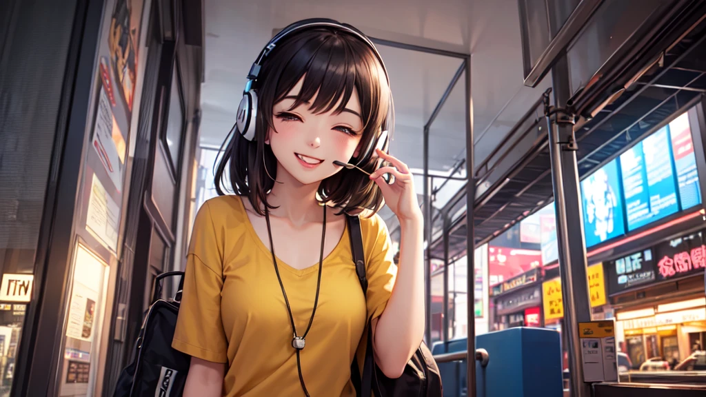 Relaxed girl listening to music with headset, smile, Detailed teeth, はにかんだsmile, Nostalgic vintage style animation, 80s city night view