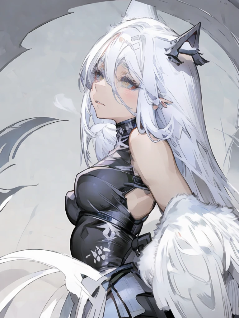 White Hair,White eyelashes,White Eyes,looking at the camera,Black long shirt,Realistic clothing drawing,Drawing range is from the waist up,An ennui look,Gazing somewhere far away,Fleeting atmosphere,Her hair is long and straight.,Smoke is shining,Wearing fog,art print,The background looks like it was painted over with black acrylic gouache.,Dark atmosphere,崩れかけているAngelの輪、Her eyes are closing,Hollow Eyes,Angel,The clothes are black