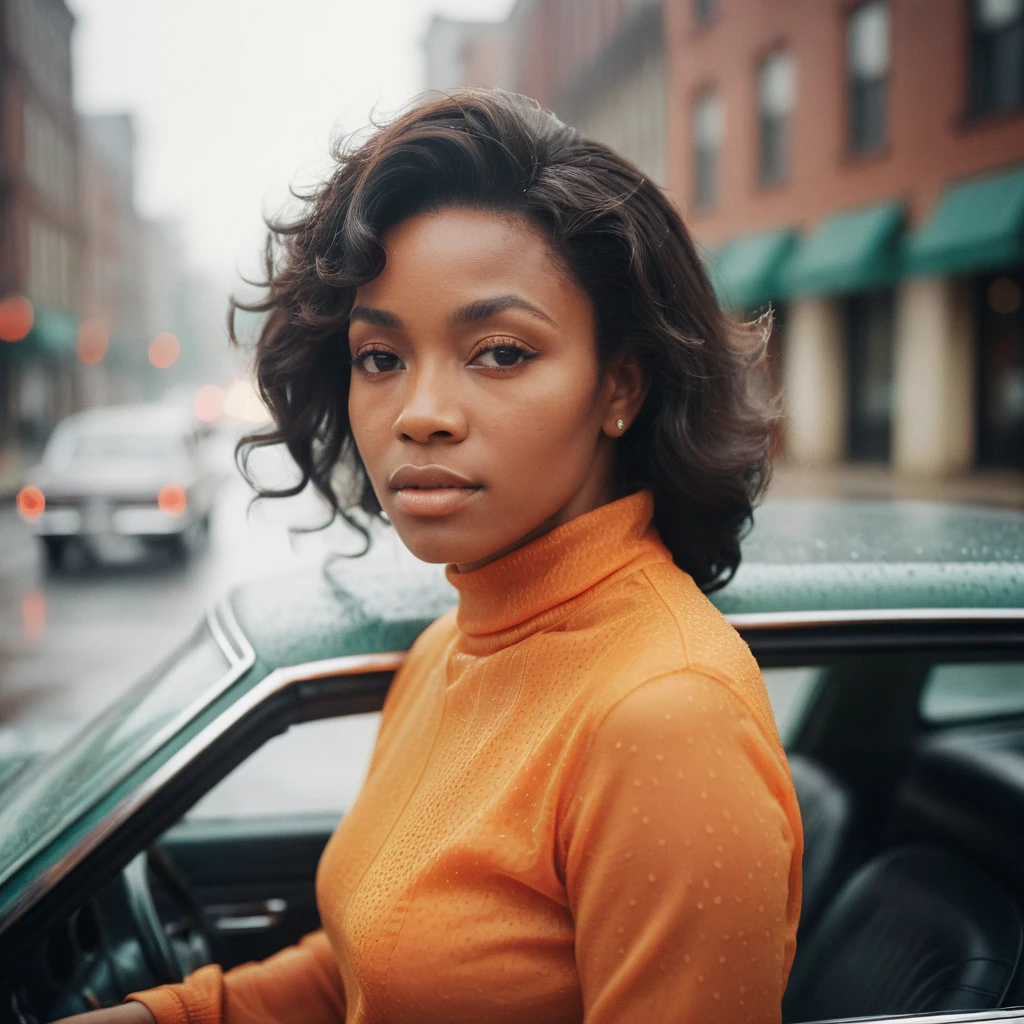 closeup shot of a stylish African American woman in a high collar orange top, reminiscent of the 1970s fashion, hair styled in loose, flowing waves, (determined expression), driving a car on a rainy day, Capture the essence of 1970s Motown era, (gaussian blur:1.1) (high key photo masterpiece:1.2) raw photo, (film grain:1.3), depth field, bokeh, Best quality, masterpiece, ultra high res, (photorealistic:1.4), (smooth light:1.4), photorealistic, cinematic lighting, volumetric lighting, highly detailed and intricate