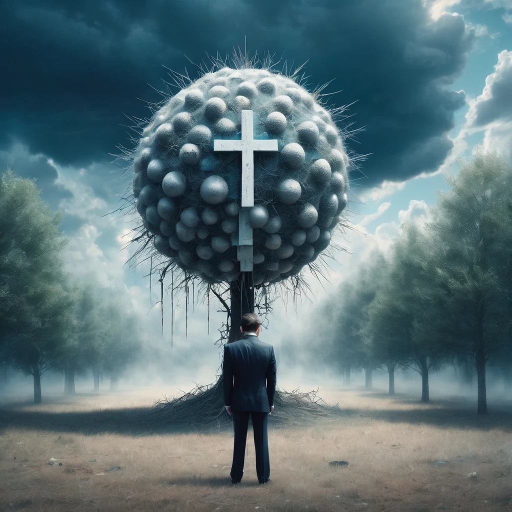 Big iron ball and iron tree，A man in a suit is tied to a cross, Toothpicks stuck all over her body, Like a hedgehog, with a look of anguish,Spooky forest,Abandoned Shelter,Creepy Doll,Sinister Shadow,Demonic possession,Blue sky and white clouds，Thunder and Lightning,ice,  