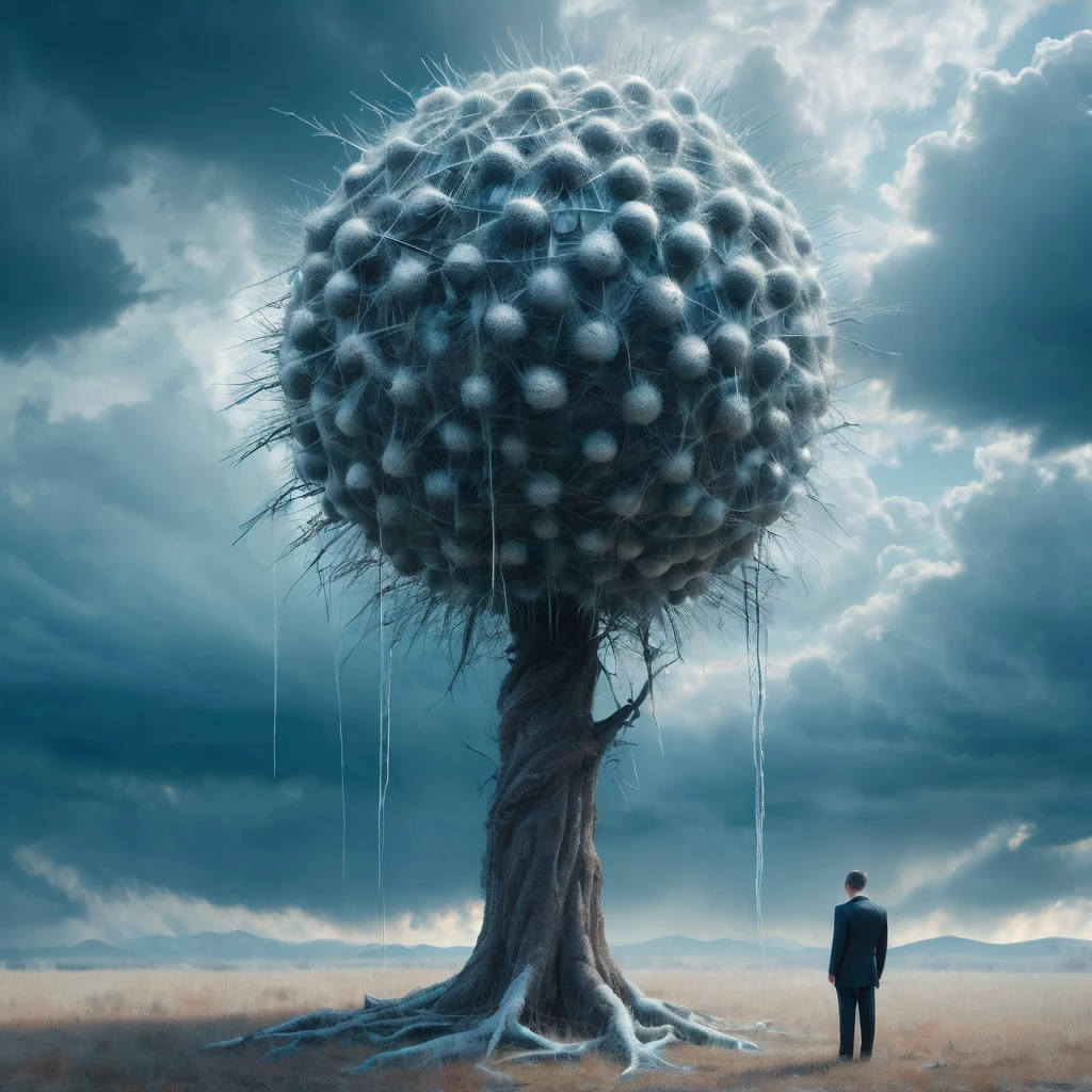 Big iron ball and iron tree，A man in a suit is tied to a cross, Toothpicks stuck all over her body, Like a hedgehog, with a look of anguish,Spooky forest,Abandoned Shelter,Creepy Doll,Sinister Shadow,Demonic possession,Blue sky and white clouds，Thunder and Lightning,ice,  