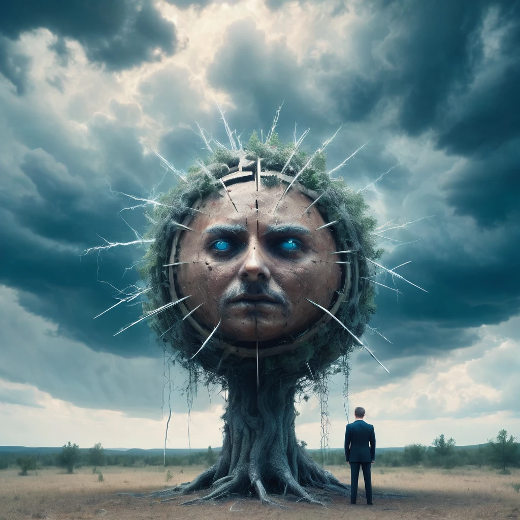 Big iron ball and iron tree,A man in a suit is tied to a cross, Toothpicks stuck all over her body, Like a hedgehog, with a look of anguish,Spooky forest,Abandoned Shelter,Creepy Doll,Sinister Shadow,Demonic possession,Blue sky and white clouds,Thunder and Lightning,ice,