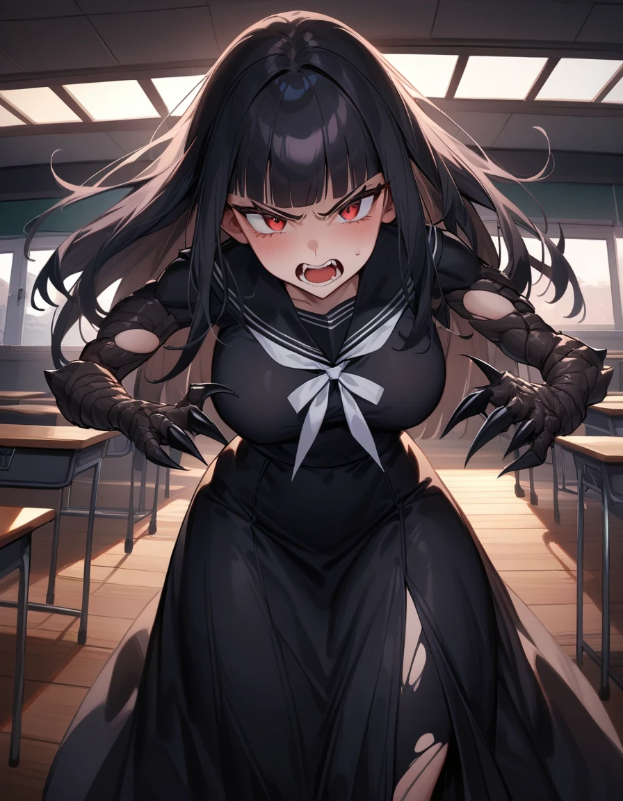 (masterpiece,best quality,very aesthetic),(ultra-detailed),nsfw,(atlach-nacha,degenerate),1girl,20yo,Statuesque,curvy,tall,long hair, black hair,straight hair,(blunt bangs),beautiful red eyes,glaring,screaming,furious,rage,Abdominal injury,vomiting blood,look down on with disdain,black serafuku in winter,long sleeves,(long skirt),white ribbon tie,torn clothes,painful,incoming attack,assaulting,high speed,classroom,dusk sky,leather shoes,The setting sun is shining in the classroom,(black Claws with arms fused like spider arm:1.3),solo,looking at viewer,POV