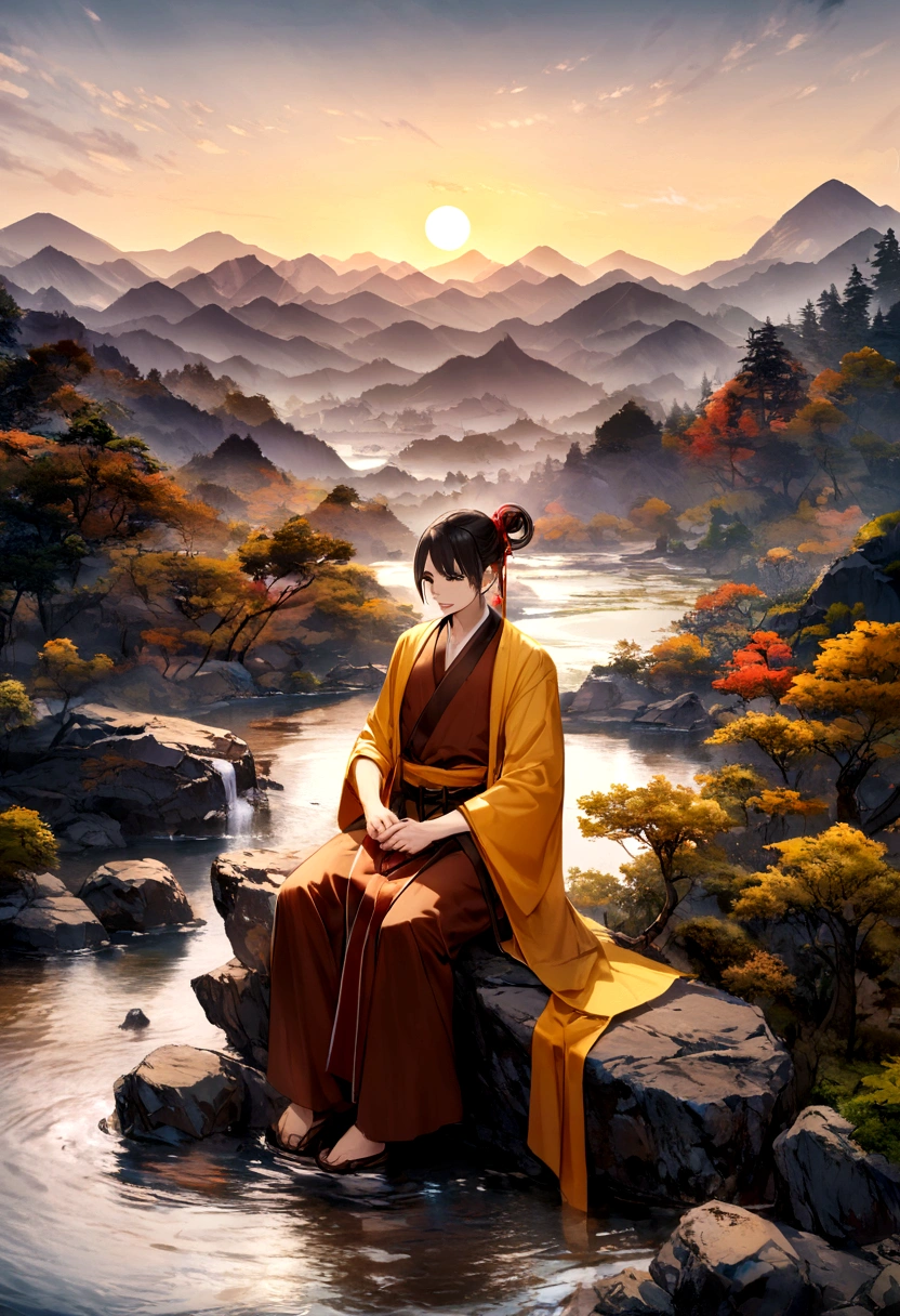 Sun wukong using monk clothes, mountain view, sitting on the rock