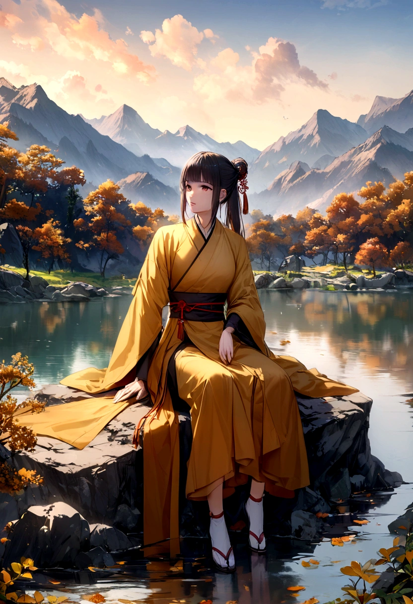Sun wukong using monk clothes, mountain view, sitting on the rock