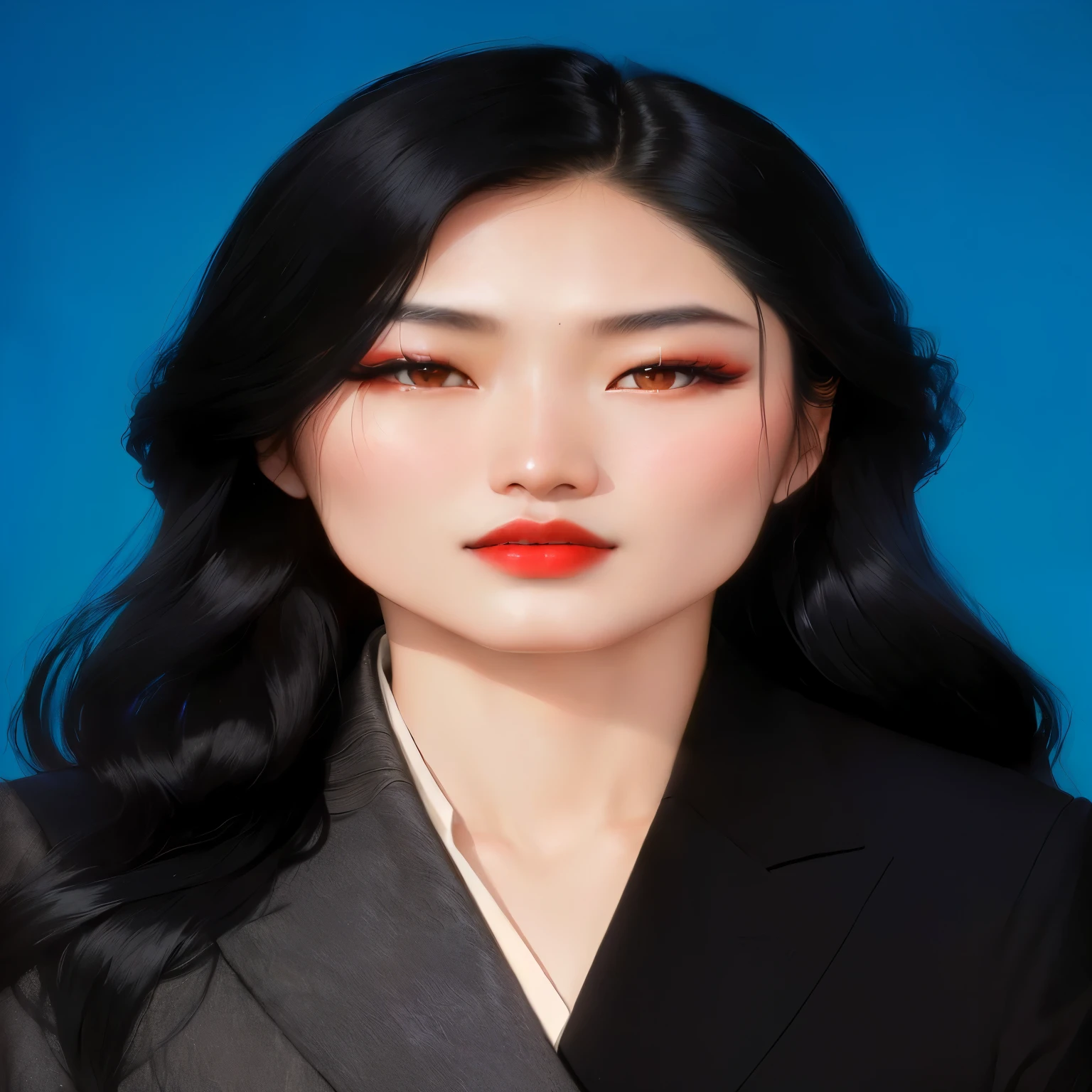 Arav woman，Long black hair，Wearing a suit，Wear red lipstick, louise zhang, ·Portrait of Ren, Gemma Chan, leslie zhang, lulu chen, chengyou liu, Li Zixin, pengzhen zhang, jingna zhang, Nam Jae Yeon, wenfei ye, Xision Wu, zhelong xu, Kim Tae-jun, mei-ling zhou