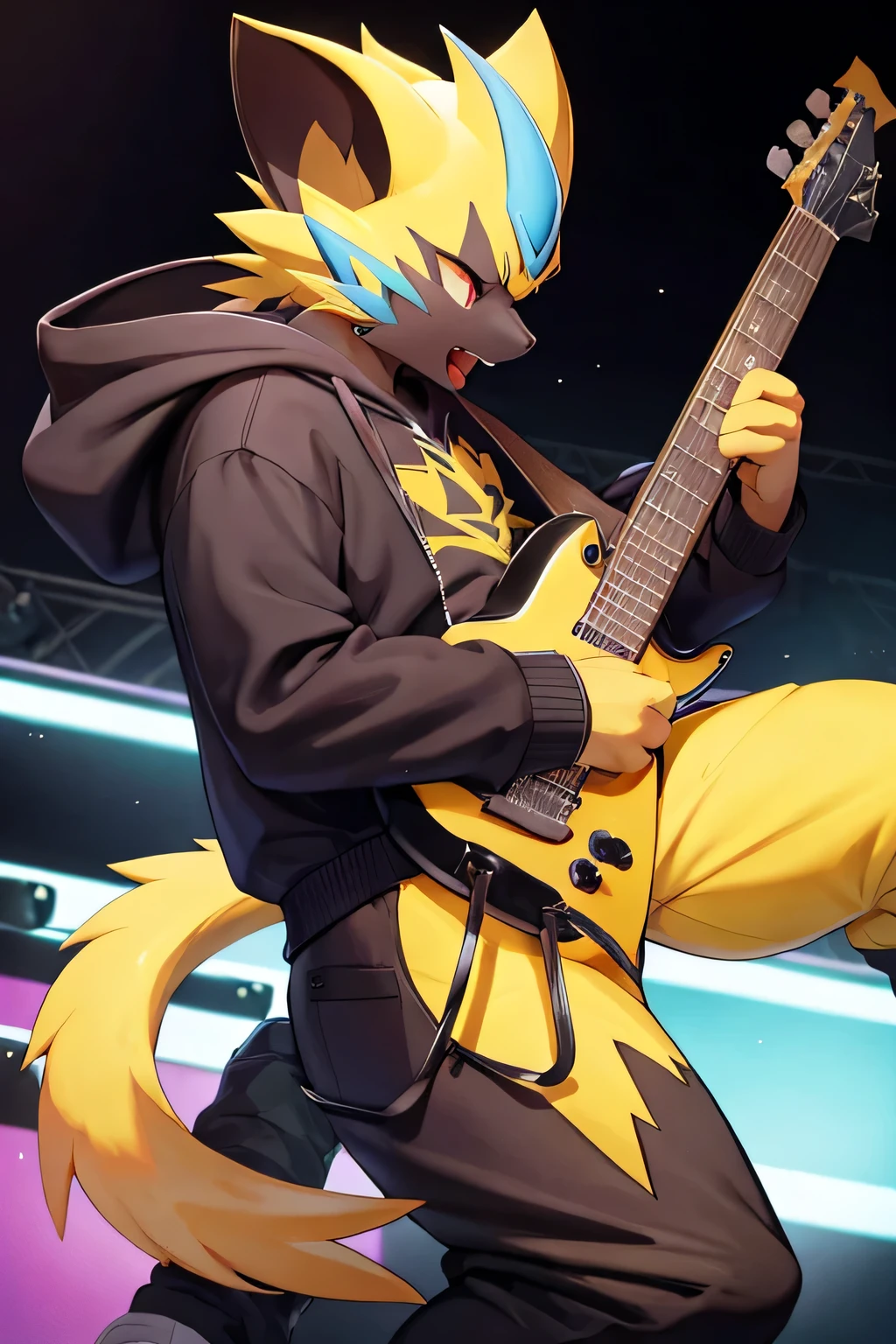 zeraora, playing guitar, screaming, night time, has a black blue snow jacket on, black baggy sweat pants, on stage, (berserk art style), outlined in black