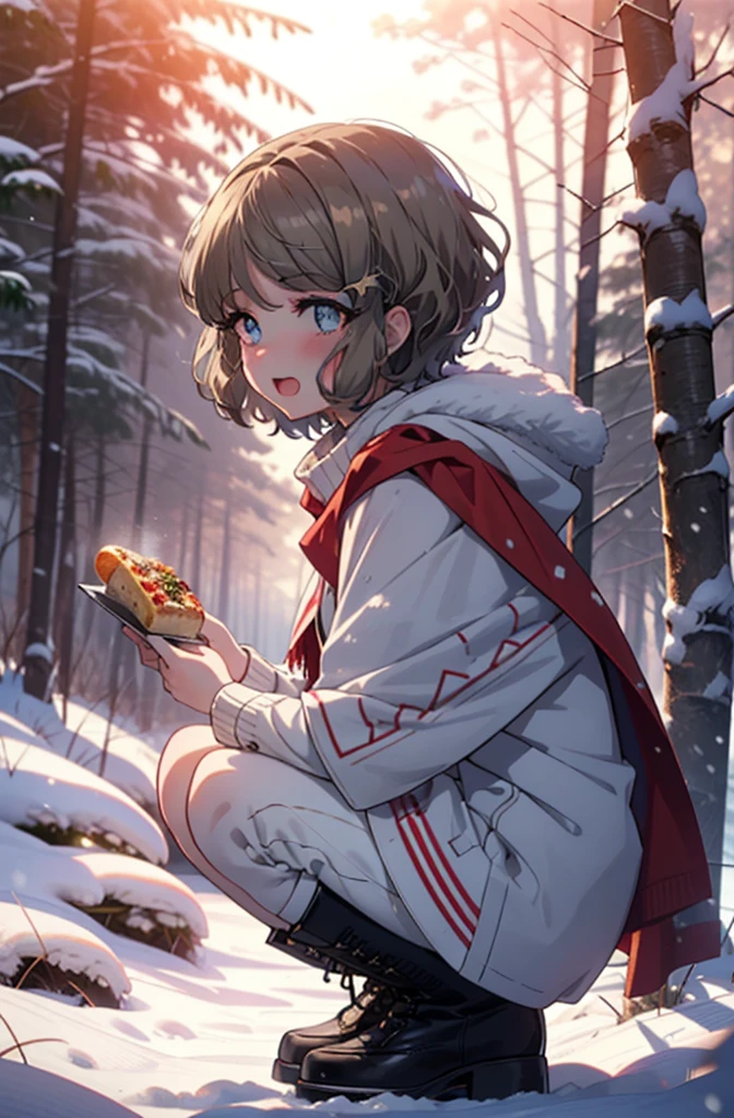 tomoekoga, Chie Koga, short hair, Brown Hair, blue eyes, hair band,smile,blush,White Breath,Mid-chest,
Open your mouth,snow,Ground bonfire, Outdoor, boots, snowing, From the side, wood, suitcase, Cape, Blurred, having meal, forest, White handbag, nature, Squat, Mouth closed, Cape, winter, Written boundary depth, Black shoes, red Cape break looking at viewer, Upper Body, whole body, break Outdoor, forest, nature, break (masterpiece:1.2), highest quality, High resolution, unity 8k wallpaper, (shape:0.8), (Beautiful and beautiful eyes:1.6), Highly detailed face, Perfect lighting, Highly detailed CG, (Perfect hands, Perfect Anatomy),