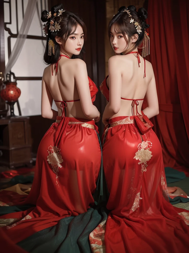 身穿red肚兜的亚洲女性扶着墙, Fair, smooth and translucent skin, red, Beautiful Chinese model,Charming pose, y pose, Japanese Goddess, Sexook,Ancient hairstyle,National Tide,Ass fag the audience,plump ass,Standth your back to each other,Face look back,Exquisite facial features,Highest quality,The butt is unobcted and upturned,Smooth skin bare ass