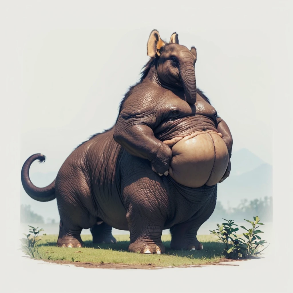 Big Animaly, very fat, has yellow stripes on his skin, (has long fangs), his stomach is fat, has scales, his body is shaped like a chicken but his face is like a elephant and a oil, Grassroots background