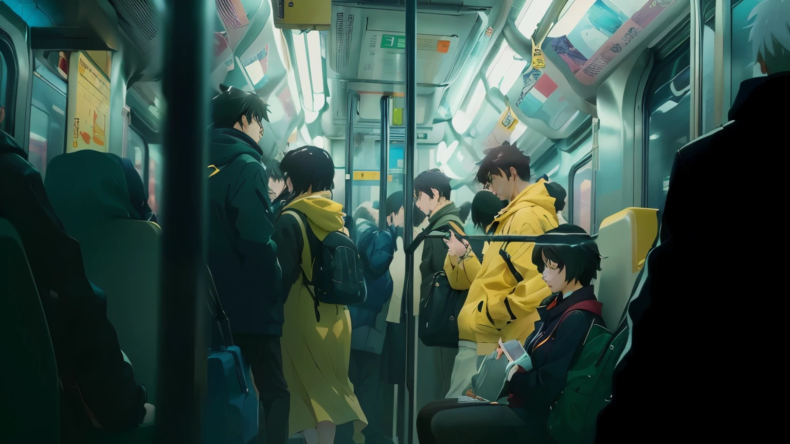 passengers on a subway train with a man in a yellow jacket, tokyo anime scene, ( ( makoto shinkai ) ), style of makoto shinkai, in style of makoto shinkai, style of red line anime movie, guweiz and makoto shinkai, makoto shinkai. —h 2160, anime film still