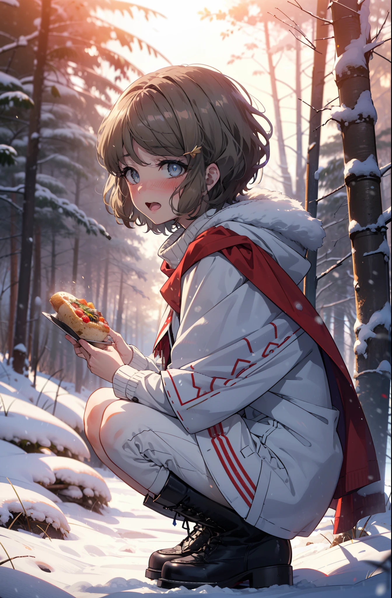tomoekoga, Chie Koga, short hair, Brown Hair, blue eyes, hair band,smile,blush,White Breath,Mid-chest,
Open your mouth,snow,Ground bonfire, Outdoor, boots, snowing, From the side, wood, suitcase, Cape, Blurred, having meal, forest, White handbag, nature, Squat, Mouth closed, Cape, winter, Written boundary depth, Black shoes, red Cape break looking at viewer, Upper Body, whole body, break Outdoor, forest, nature, break (masterpiece:1.2), highest quality, High resolution, unity 8k wallpaper, (shape:0.8), (Beautiful and beautiful eyes:1.6), Highly detailed face, Perfect lighting, Highly detailed CG, (Perfect hands, Perfect Anatomy),