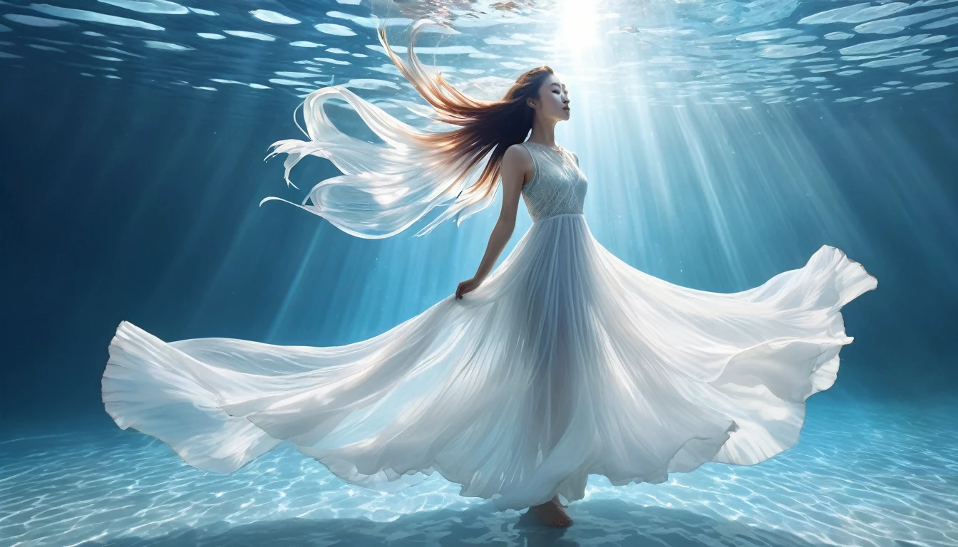 Light blue with white details，Fantastic and unreal, dream-like，Take me to a forgotten time and space。pure white room，There is plenty of clear water，Bright sunlight pours into the room，Project Rainbow Water Light，Rays of light at dusk，A barefoot girl in a white gauze dress dances for the camera，There is a huge pure white transparent betta fish..:1.2，Large fins spreading in the smoke.Their colors and gestures add a beautiful touch to nature. Very detailed.,A clear pattern,beautiful,artwork,masterpiece,Realistic craftsmanship、Highly detailed digital art，fantasy art action，A surreal and spectacular sight，Shining with the magic of fusion。This is a great photo，that&#39;Just like us&#39;In a mysterious world。