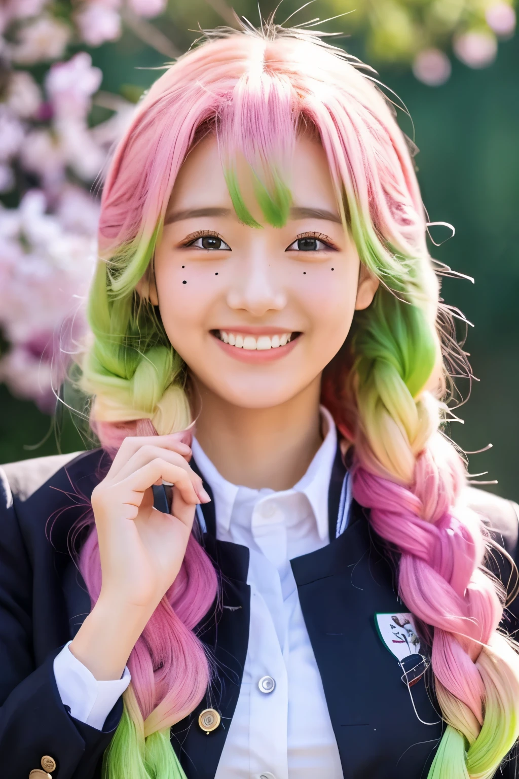 A school uniform with an open chest、Pink and green hair gradient、smile、Mole under both eyes、Background is cherry blossoms、Real、Realistic、Black jacket、