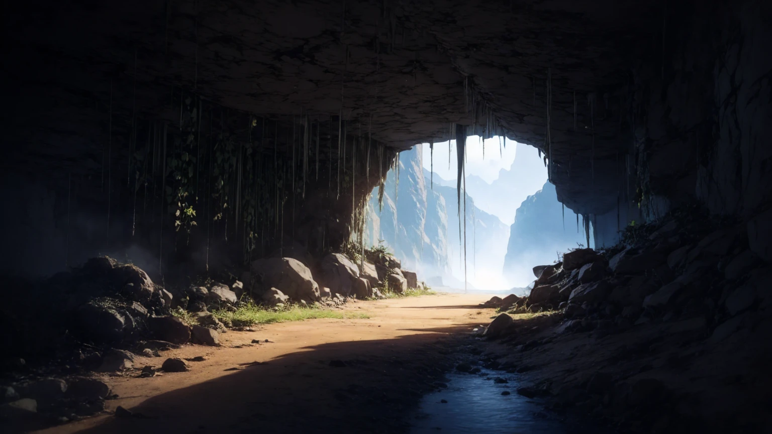 Empty invisible underground cave background,masterpiece,game CG,anime,Unmanned, no human,background,,,Soil, rock surface, indoor