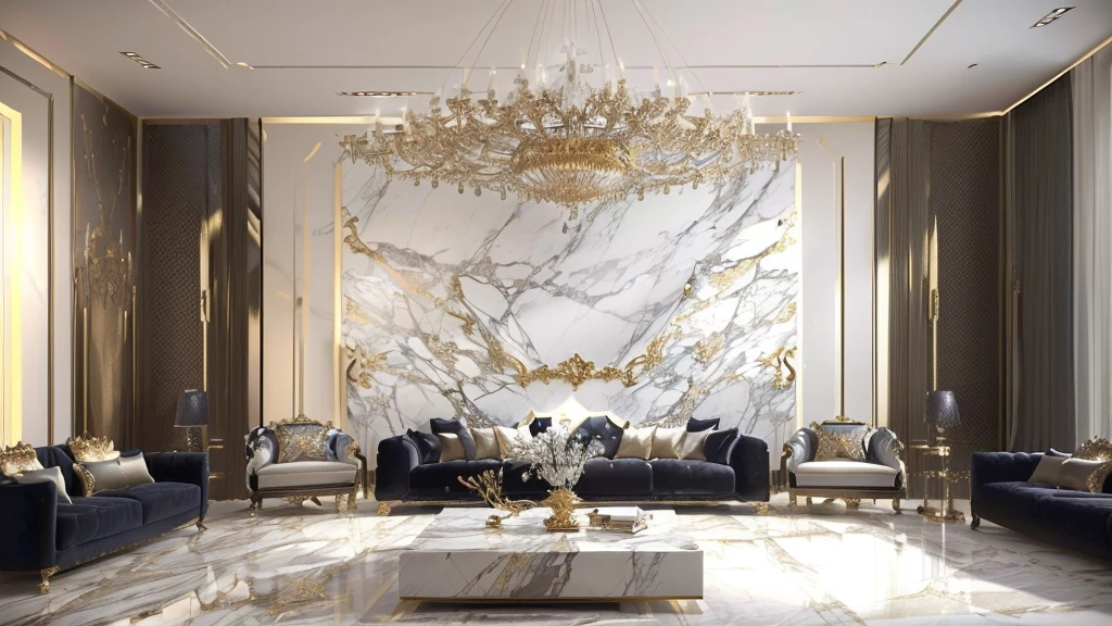 a view of a living room with a large marble wall, elegant and refined, baroque marble and gold in space, marble room, made of liquid metal and marble, marble walls, extremely opulent, white marble walls, excellent 3d render, popular interior design style, luxury hd render, luxurious environment, marble and gold, all marble, gold and luxury materials