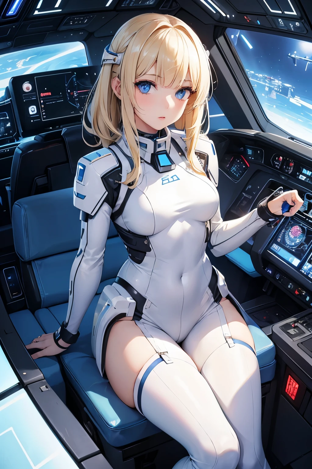 A beautiful woman. Super cute woman. Blonde hair and blue eyes. Her bangs are down. Twenty years old. She is dressed in futuristic clothes based on white. She is in the cockpit of a small spaceship.
