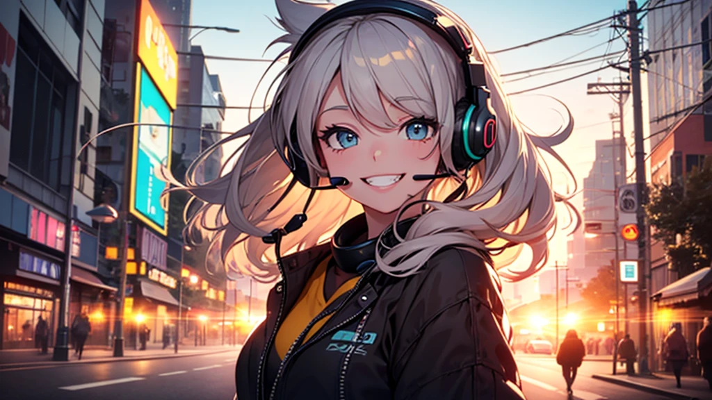 Relaxed girl listening to music with headset, smile, Detailed teeth, はにかんだsmile, Nostalgic vintage style animation, 80s city night view