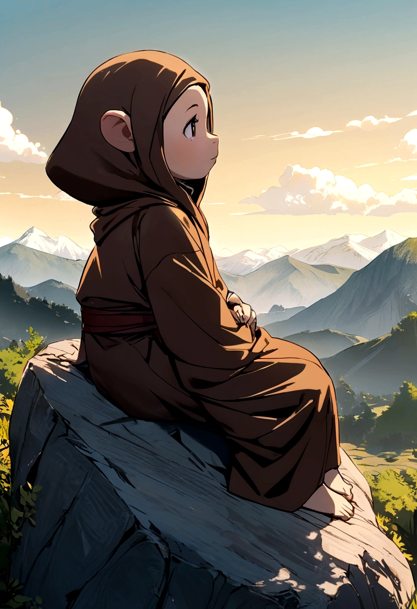 A little chimpanzee using monk clothes, mountain view, sitting on the rock