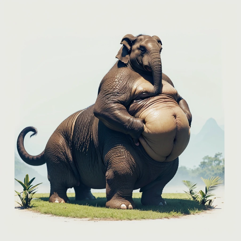 Big Animaly, very fat, has yellow stripes on his skin, (has long fangs), his stomach is fat, has scales, his body is shaped like a chicken but his face is like a elephant and a oil, Grassroots background