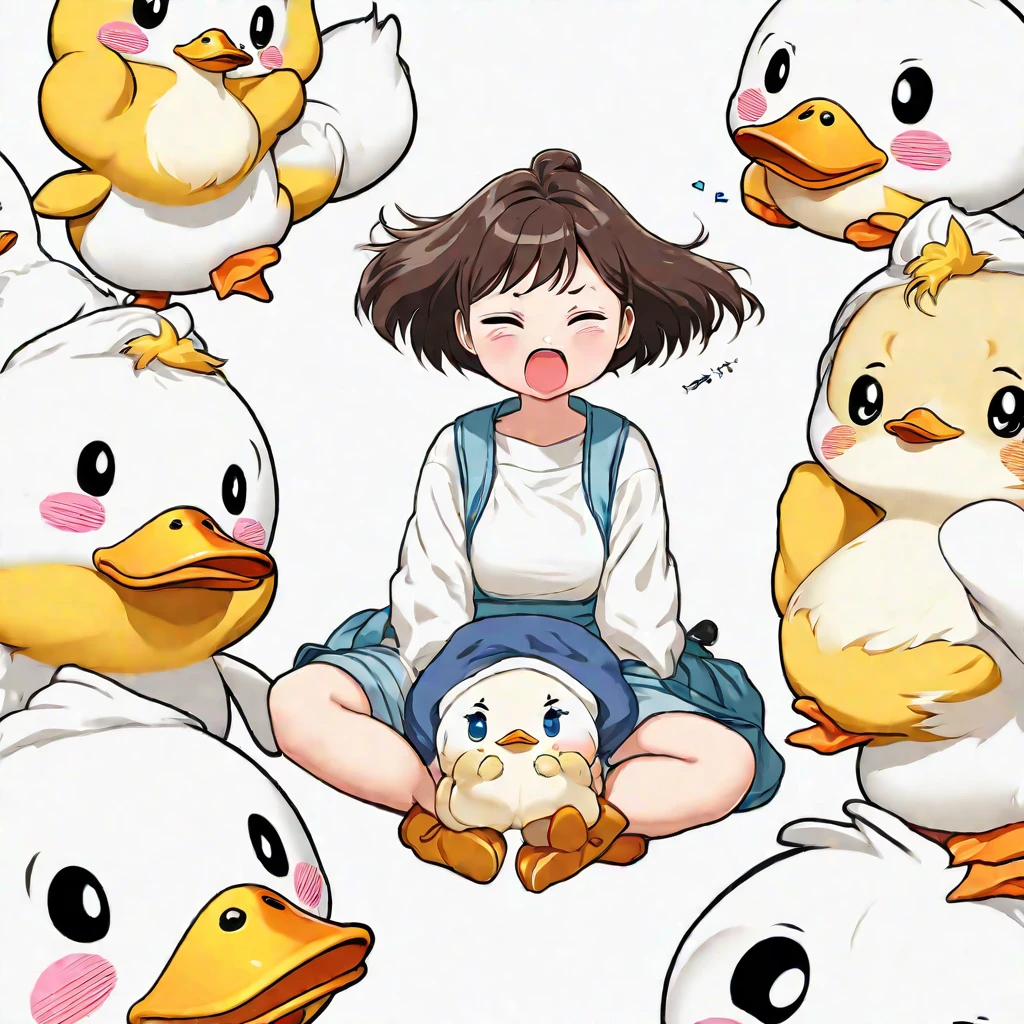 A lovely , screenshot, mori kei,
duckcore plush doll art, exaggerated poses, happy, angry, sad, cry, cute, expecting, laughing,
disappointed, exaggerated movements, various expressions and movements, sticker art design, white background, style cute