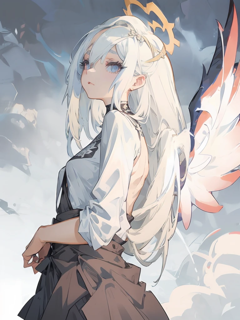 White Hair,White eyelashes,White Eyes,looking at the camera,Black long shirt,Realistic clothing drawing,Drawing range is from the waist up,An ennui look,Gazing somewhere far away,Fleeting atmosphere,Her hair is long and straight.,Smoke is shining,Wearing fog,art print,The background looks like it was painted over with black acrylic gouache.,Dark atmosphere,Angel Halo、Her eyes are closing,Hollow Eyes,Angel Wings,The clothes are black