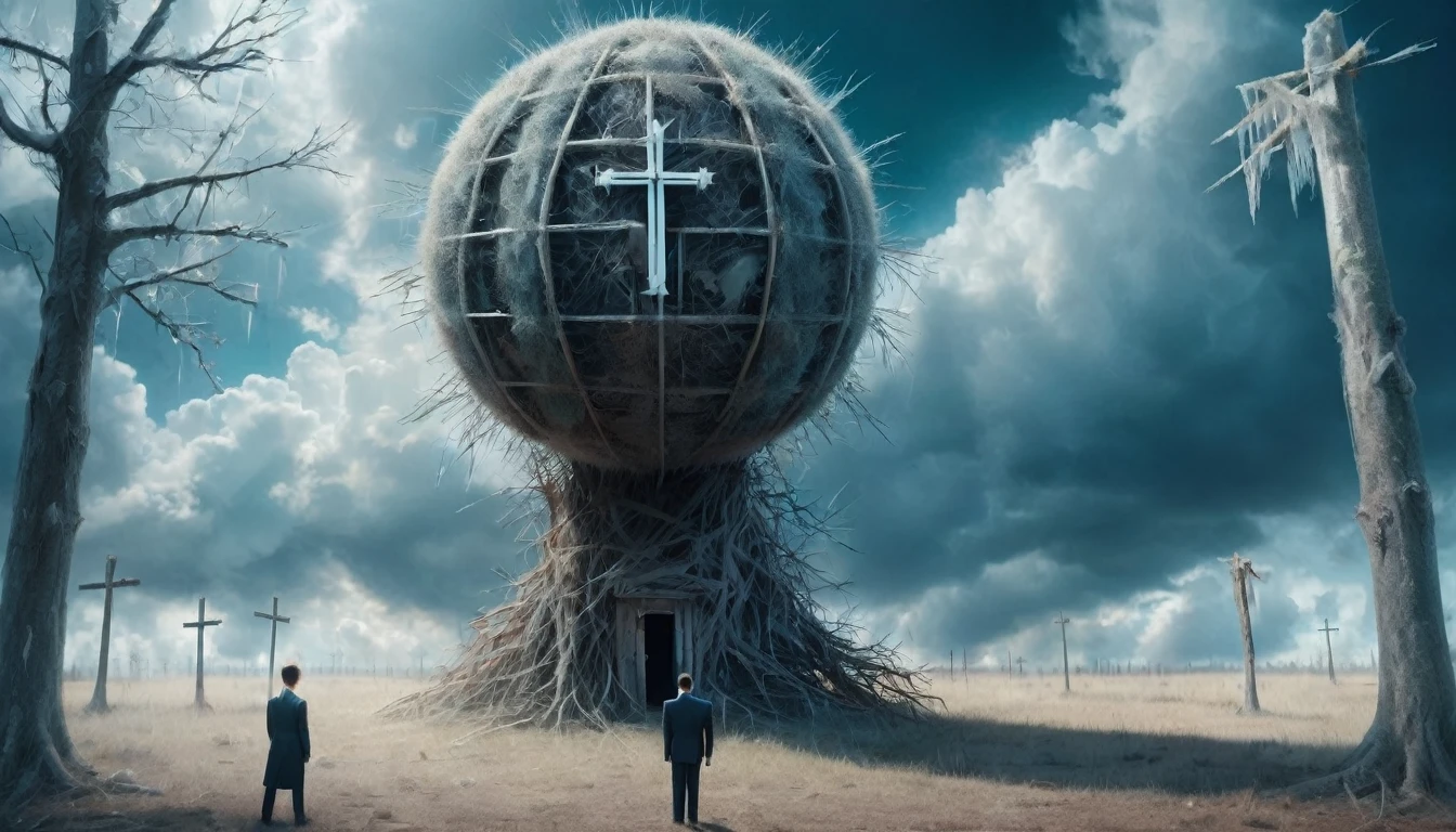 Big iron ball and iron tree，A man in a suit is tied to a cross, Toothpicks stuck all over her body, Like a hedgehog, with a look of anguish,Spooky forest,Abandoned Shelter,Creepy Doll,Sinister Shadow,Demonic possession,Blue sky and white clouds，Thunder and Lightning,ice,  
