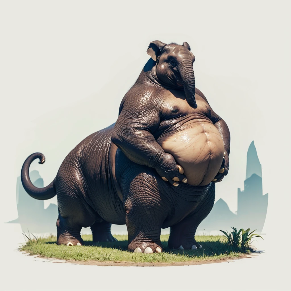 Big Animaly, very fat, has yellow stripes on his skin, (has long fangs), his stomach is fat, has scales, his body is shaped like a chicken but his face is like a elephant and a oil, Grassroots background