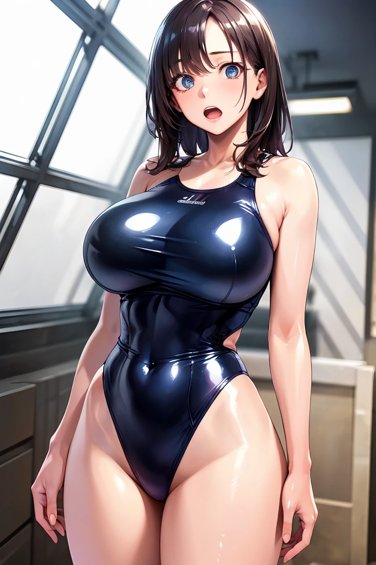 (A high resolution, masterpiece, Best Quality, High resolution:1.8), (Photorealistic:1.5), (40 yo woman:1.8), (Dim light), (Light on the Face:0.5), (Detailed face, detailed hairs, Detailed skin, (shiny eyes:1.5)), (Cowboy Shot:1.8), (gigantic breast), (slender), ((surprised eye:1.6), (Opened mouth:1.3)), (Looking straight:1.8), (standing), (Shiny skin, high gloss skin:1.8), (competition swim suit:1.5), (gleaming skin:1.6), (Standing:1.5),