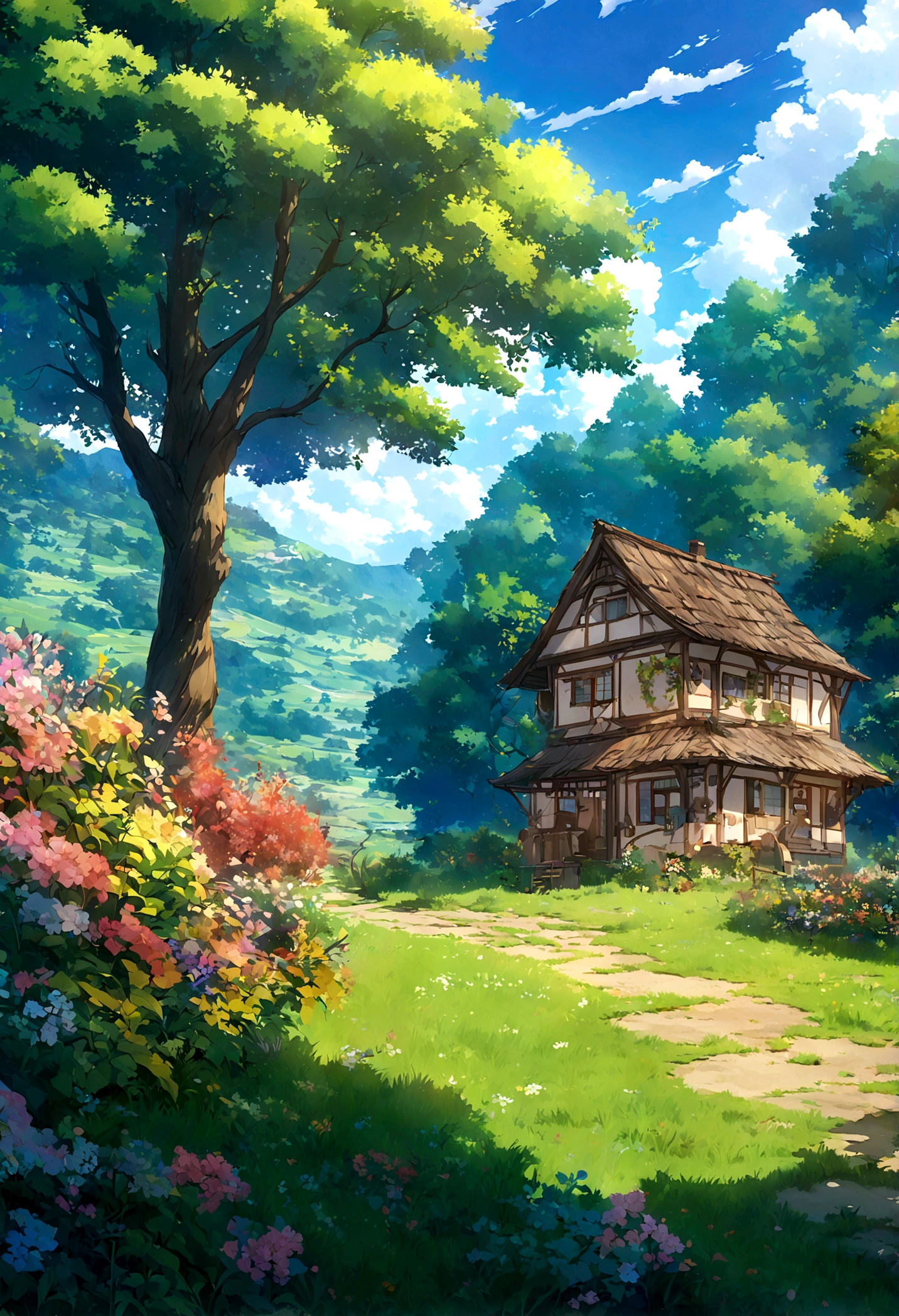 painting of a house in a field with a tree and flowers, cyril rolando and goro fujita, anime art wallpaper 4k, anime art wallpaper 4 k, anime landscape wallpaper, makoto shinkai cyril rolando, anime countryside landscape, anime art wallpaper 8 k, beautiful anime scene, beautifull puffy clouds. anime, 4k highly detailed digital art