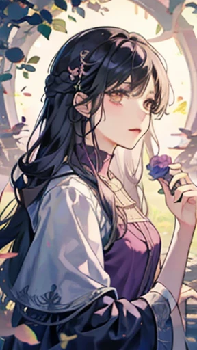 Female Alchemist, briar, roses, thorns, bushes, sacrifice, spring, pastel iridescent flowers, 