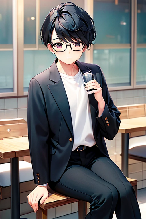 high quality、Realistic facial features sitting in a fashionable cafe in the sunlight、Black hair, center parted、short hair、Looks just like the idol Cha Eun-woo、elongated head shape,,、Beautiful face、slightly flabby eyes and parallel eyebrows,、Kind Face、Classy atmosphere、Widely accepted、Fashionable clothes t-shirt and black jacket、Wearing round glasses、Man in black pants、Korean Style Boy、Japanese