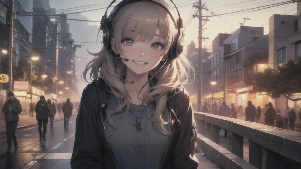 (In 8K, Ultra-high resolution, Best Quality, Masterpiece:1.2), (Realistic illustrations), (Highly Detailed CG Unity 8K Wallpaper), Relaxed girl listening to music with headset, smile, Detailed teeth, はにかんだsmile, Nostalgic vintage style animation, 80s city night view